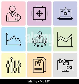 Set Of 9 simple editable icons such as Monitor analytic, Data page, Box plot chart, User data analytics, Data, Laptop Analysis, Safe box, Data analyti Stock Vector