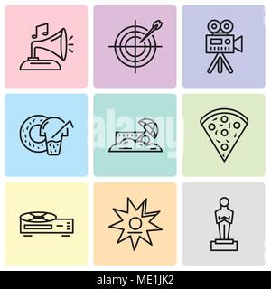 Set Of 9 simple editable icons such as Oscar, Walk of fame, Video recorder, Confetti, Sand, Donut, Video camera, Darts, Gramphone, can be used for mob Stock Vector