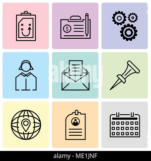 Set Of 9 simple editable icons such as keyboard, CV, location, nail, email, business woman, settings, contract, Document, can be used for mobile, web  Stock Vector