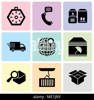 Set Of 9 simple editable icons such as Package for delivery, Container hanging of a crane, Search delivery service tool, Delivery package with umbrell Stock Vector