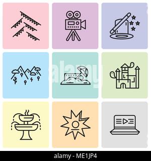 Set Of 9 simple editable icons such as Movie, Walk of fame, Fountain, House, Sand, Mountains, Magic, Video camera, Garland, can be used for mobile, we Stock Vector