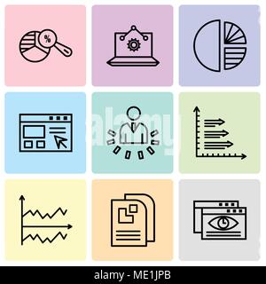 Set Of 9 simple editable icons such as Data viewer, Data page, Chart, Bars, User data analytics, Data import interface, Simple chart, Laptop Analysis, Stock Vector