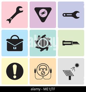 Set Of 9 simple editable icons such as solar battery, energy check, exclamation, knife, saw blade, portfolio, pipe wrench, danger, adjustable wrench,  Stock Vector