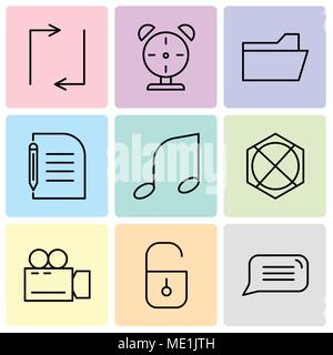 Set Of 9 simple editable icons such as Speech bubble, Locked padlock, Video camera, Arrow pointing to up, Musical note, Piece of paper and pencil, Fil Stock Vector