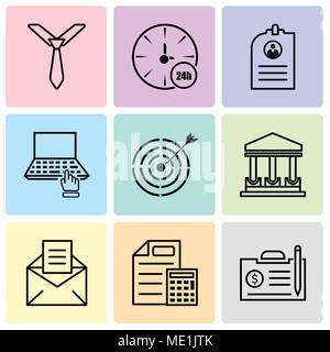 Set Of 9 simple editable icons such as contract, document & calculator, email, government building, target, computer, CV, watch, tie, can be used for  Stock Vector