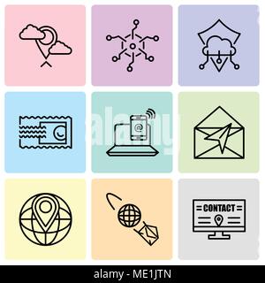 Set Of 9 simple editable icons such as Billboard, email planet, World placeholder, Mail, Smartphone and laptop, Stamp, Protection, Analytics, Placehol Stock Vector