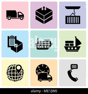 Set Of 9 simple editable icons such as Talking by phone auricular, Logistics delivery truck and clock, International delivery, Sea ship with container Stock Vector