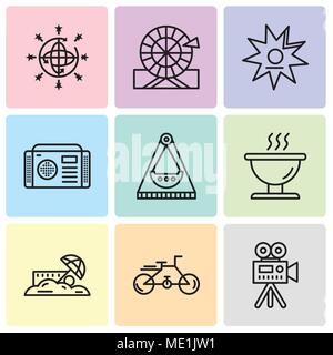 Set Of 9 simple editable icons such as Video camera, Bike, Sand, Bbq, Carousel, Radio, Walk of fame, Wheel, Disco ball, can be used for mobile, web UI Stock Vector