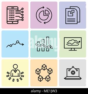 Set Of 9 simple editable icons such as Laptop Analysis, Data interconnected, User data analytics, Cloud Analysis, Data analytics descendant, Missing d Stock Vector
