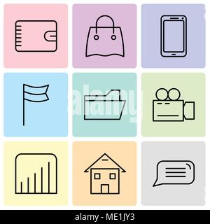 Set Of 9 simple editable icons such as Speech bubble, Homepage, Coverage level, Video camera, File folder, Location flag, Smartphone, Reusable shoppin Stock Vector