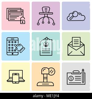 Set Of 9 simple editable icons such as contract, microphone, electronics, email, CV, iphone, Search data, table, unlock, can be used for mobile, web U Stock Vector