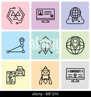 Set Of 9 simple editable icons such as Billboard, Email, Mail and spartphone, World placeholder, Protection, Pin, Cloud computing, Laptop and cursor,  Stock Vector