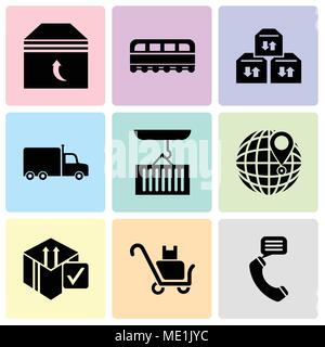 Set Of 9 simple editable icons such as Talking by phone auricular, Delivery packages on a trolley, Delive box verification, International delivery, Co Stock Vector