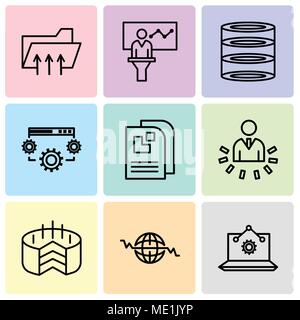 Set Of 9 simple editable icons such as Laptop Analysis, Global Heart Beat, Folder Connected Circuit, User data analytics, Data page, Data settings, da Stock Vector