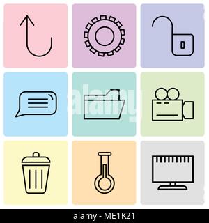 Set Of 9 simple editable icons such as Television, Erlenmeyer Flask, Dustbin, Video camera, File folder, Speech bubble, Unlocked padlock, Gear, Cancel Stock Vector