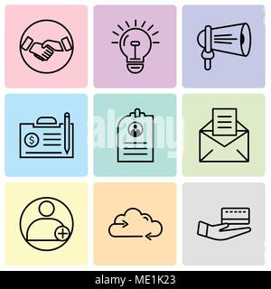 Set Of 9 simple editable icons such as card, Reload data, profile, email, CV, contract, loudspeaker, bulb, hand shaking, can be used for mobile, web U Stock Vector