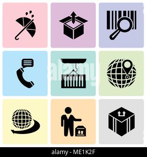 Set Of 9 simple editable icons such as Delivery package, Man standing with delivery box, International delivery business, International delivery, Cont Stock Vector