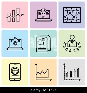 Set Of 9 simple editable icons such as Mobile phone text data, Data graphic, Mobile phone globally connected, User data analytics, Data page, Laptop A Stock Vector