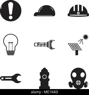 Set Of 9 simple editable icons such as respirator, Fire Hydrant, pipe wrench, solar battery, adjustable wrench, bulb, hard hat, helmet, exclamation, c Stock Vector