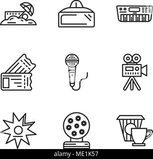 Set Of 9 simple editable icons such as Coffee, Magic ball, Walk of fame, Video camera, Microphone, Tickets, Synthesizer, Vr glasses, Sand, can be used Stock Vector