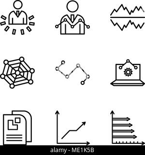 Set Of 9 simple editable icons such as Analytic, Data analytics descending, Data page, Laptop Analysis, Nodes connections interface, radar chart with  Stock Vector