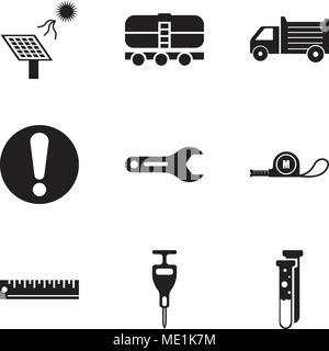 Set Of 9 simple editable icons such as capsule, puncher, ruler, meter, pipe wrench, exclamation, lorry, train, solar battery, can be used for mobile,  Stock Vector