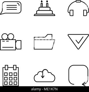 Set Of 9 simple editable icons such as Update arrow, Download from the cloud, Calendar with day 5, Check mark, File folder, Video camera, Telephone ha Stock Vector