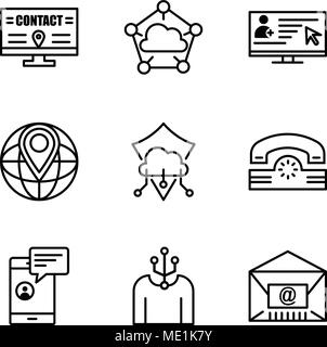 Set Of 9 simple editable icons such as Mail, Human, Chat in smartphone, Telephone, Protection, World placeholder, Reading mail on laptop, Cloud comput Stock Vector