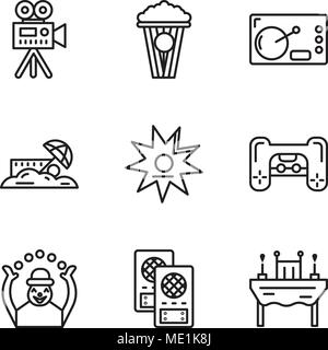 Set Of 9 simple editable icons such as Dinner, Loudspeaker, Monkey, Playstation, Walk of fame, Sand, Coffee, Popcorn, Video camera, can be used for mo Stock Vector
