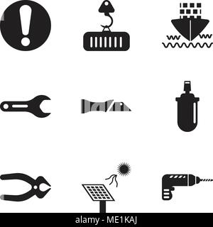 Set Of 9 simple editable icons such as drill, solar battery, nipper, gas can, knife, pipe wrench, ship, crane with load, exclamation, can be used for  Stock Vector