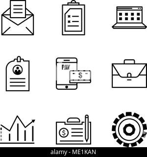Set Of 9 simple editable icons such as setting, contract, statistic, portfolio, payment, CV, computer, Document, email, can be used for mobile, web UI Stock Vector