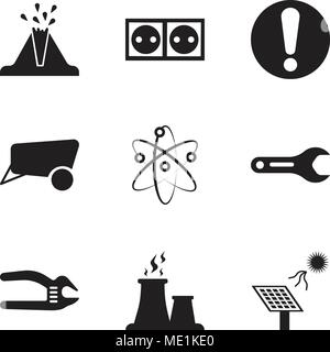Set Of 9 simple editable icons such as solar battery, fabric steam, adjustable spanner, pipe wrench, Chemical, dray, exclamation, socket, volcano, can Stock Vector