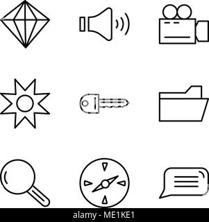Set Of 9 simple editable icons such as Speech bubble, Compass, Magnifying glass, File folder, Key, Star, Video camera, Mute speakers, Diamond, can be  Stock Vector