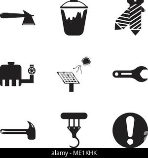 Set Of 9 simple editable icons such as exclamation, crane, hammer, pipe wrench, solar battery, water tank, tie, colour bucket, hatchet, can be used fo Stock Vector