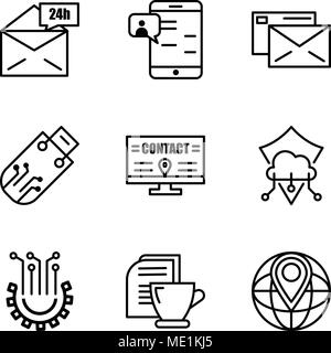 Set Of 9 simple editable icons such as World placeholder, Mail and tea, Settings, Protection, Billboard, Pendrive, Mail, Chat in Smartphone, Mail 24 h Stock Vector