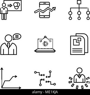 Set Of 9 simple editable icons such as User data analytics, Strategy sketch, Triangular pyramid, Data page, Laptop Analysis, User data speech, Flow ch Stock Vector