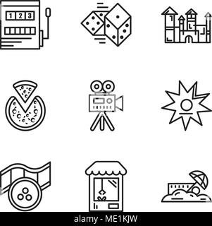 Set Of 9 simple editable icons such as Sand, Machine, Movie, Walk of fame, Video camera, Pizza, Disneyland, Dices, Gaming, can be used for mobile, web Stock Vector