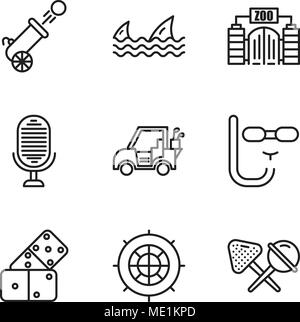 Set Of 9 simple editable icons such as Candy, Roulette, Domino, Diving mask, Golf car, Microphone, Zoo, Sharks, Cannon, can be used for mobile, web UI Stock Vector