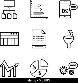 Set Of 9 simple editable icons such as 3d data analytics, Pie chart information on money, Chart, Data analytics, User warning, Table for data, Data an Stock Vector