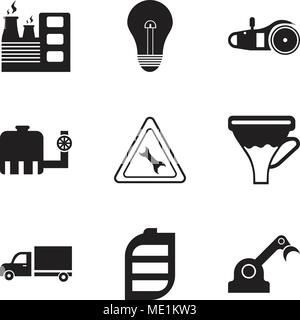Set Of 9 simple editable icons such as jenny, battery, truck, funnel, wrench, tipper, electric saw, bulb, factory, can be used for mobile, web UI Stock Vector