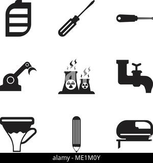 Set Of 9 simple editable icons such as jigsaw, pencil, funnel, faucet, fabric, jenny, turn-screw, screwdriver, battery, can be used for mobile, web UI Stock Vector