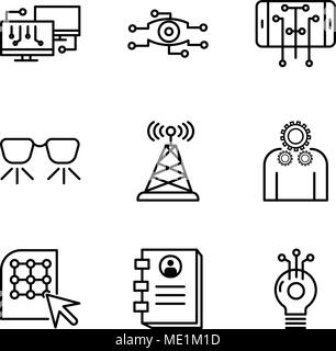 Set Of 9 simple editable icons such as Idea, Contact book, Click, Settings, Antenna, Ar glasses, Smartphone, Analysis, Network, can be used for mobile Stock Vector