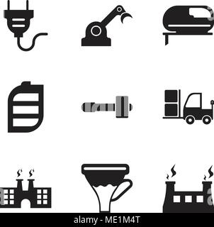 Set Of 9 simple editable icons such as fabric & steam, funnel, factory, truck, hammer, battery, grinder, jenny, electrical plug, can be used for mobil Stock Vector