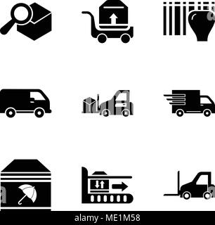 Set Of 9 simple editable icons such as Logistics transport, Package on rolling transport, Delivery package with umbrella, Logistics delivery truck in  Stock Vector