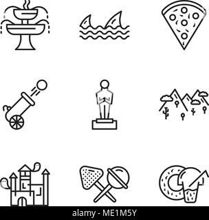 Set Of 9 simple editable icons such as Donut, Candy, House, Mountains, Oscar, Cannon, Confetti, Sharks, Fountain, can be used for mobile, web UI Stock Vector