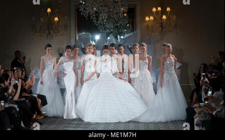 NEW YORK, NY - April 12, 2018: Models pose at the Mira Zwillinger Bridal Spring 2019 Collection Show during NY Fashion Week Bridal Stock Photo