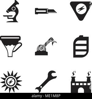 Set Of 9 simple editable icons such as factory, adjustable wrench, Sun Energy, battery, jenny, funnel, danger, knife, microscope, can be used for mobi Stock Vector