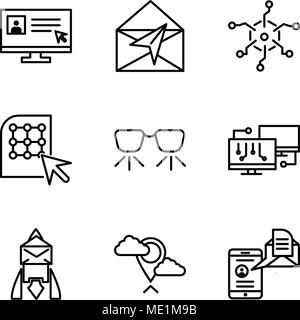 Set Of 9 simple editable icons such as Mail and spartphone, Placeholder, Email, Network, Ar glasses, Click, Analytics, Mail, Laptop and cursor, can be Stock Vector