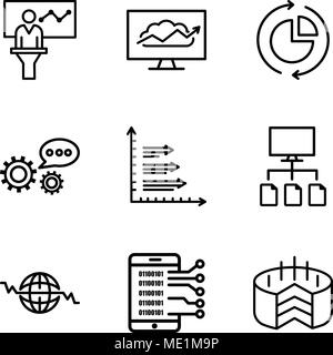 Set Of 9 simple editable icons such as Folder Connected Circuit, Data analytics upgoing bars chart, Global Heart Beat, Data flow, Analytics, 3d data a Stock Vector