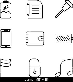 Set Of 9 simple editable icons such as Musical note, Locked padlock, Location flag, Battery level, Wallet with zipper, Smartphone, Pushpin, Piece of p Stock Vector